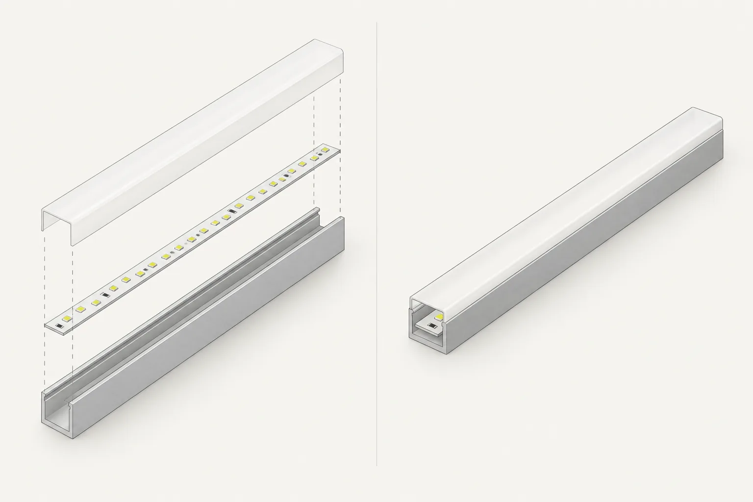 Ilustração conceitual em camadas: fita LED, difusor e perfil separados à esquerda e reunidos em uma linha de luz à direita