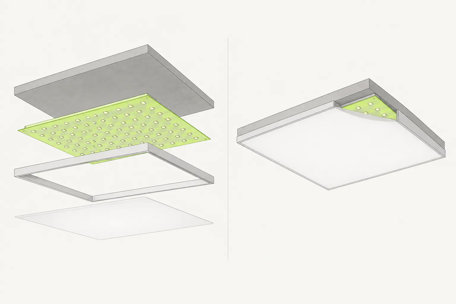 Ilustração conceitual em camadas de iluminação, perímetro de fixação e membrana tensionada, com a superfície luminosa montada ao lado