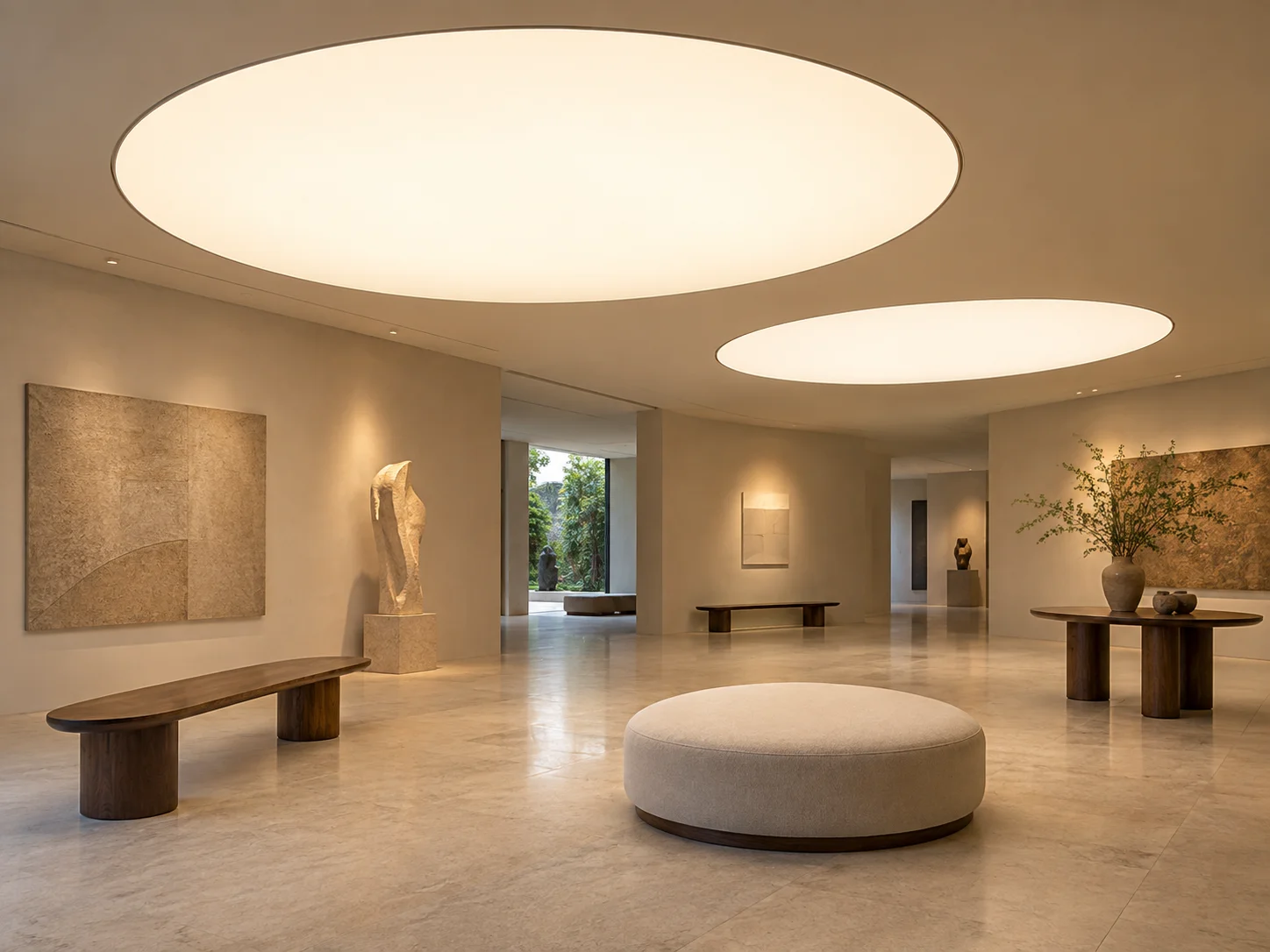 Ambiente conceitual com superfícies tensionadas iluminadas no teto