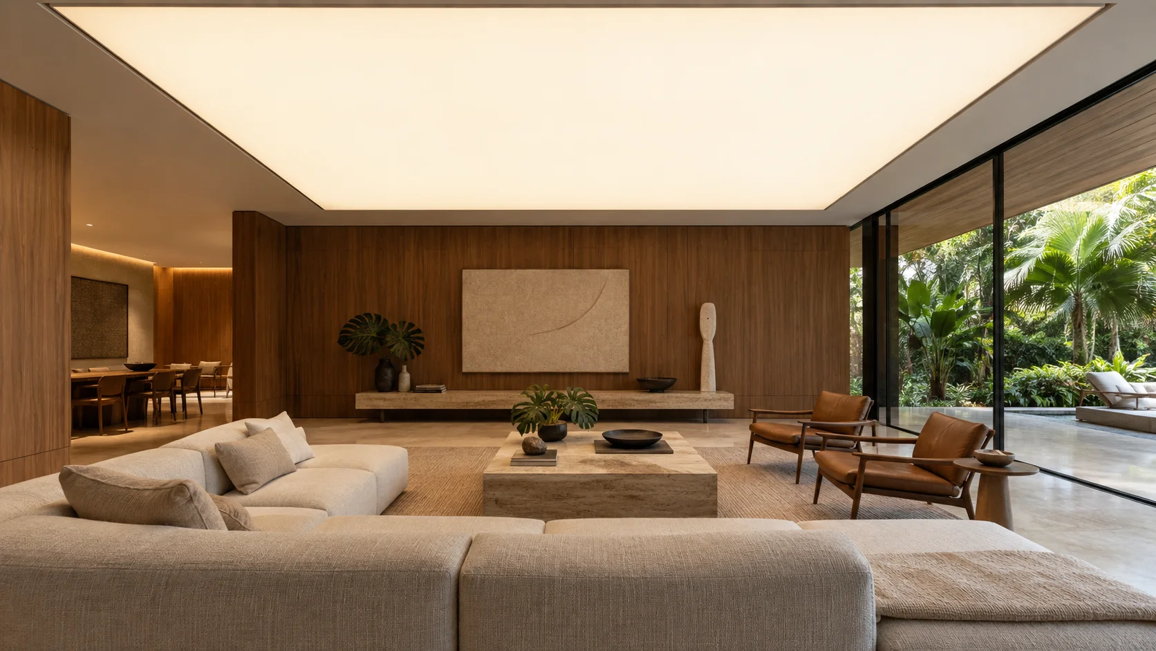 Visualização ilustrativa de sala com superfície luminosa no teto