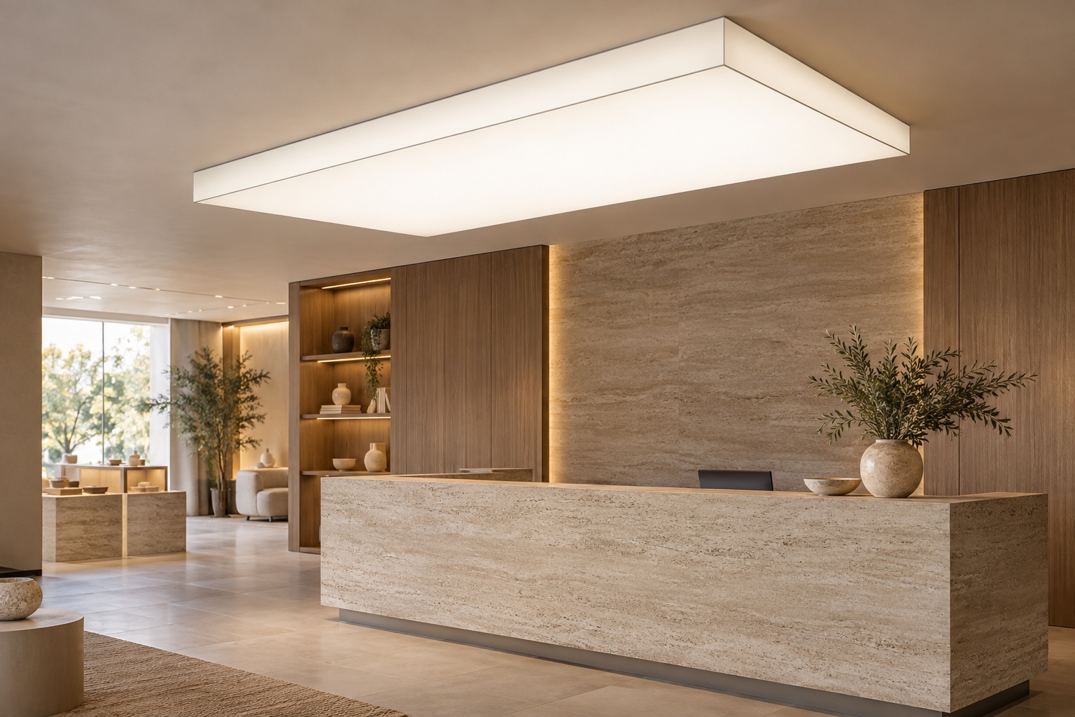Visualização conceitual de recepção com volume luminoso sobreposto abaixo do teto