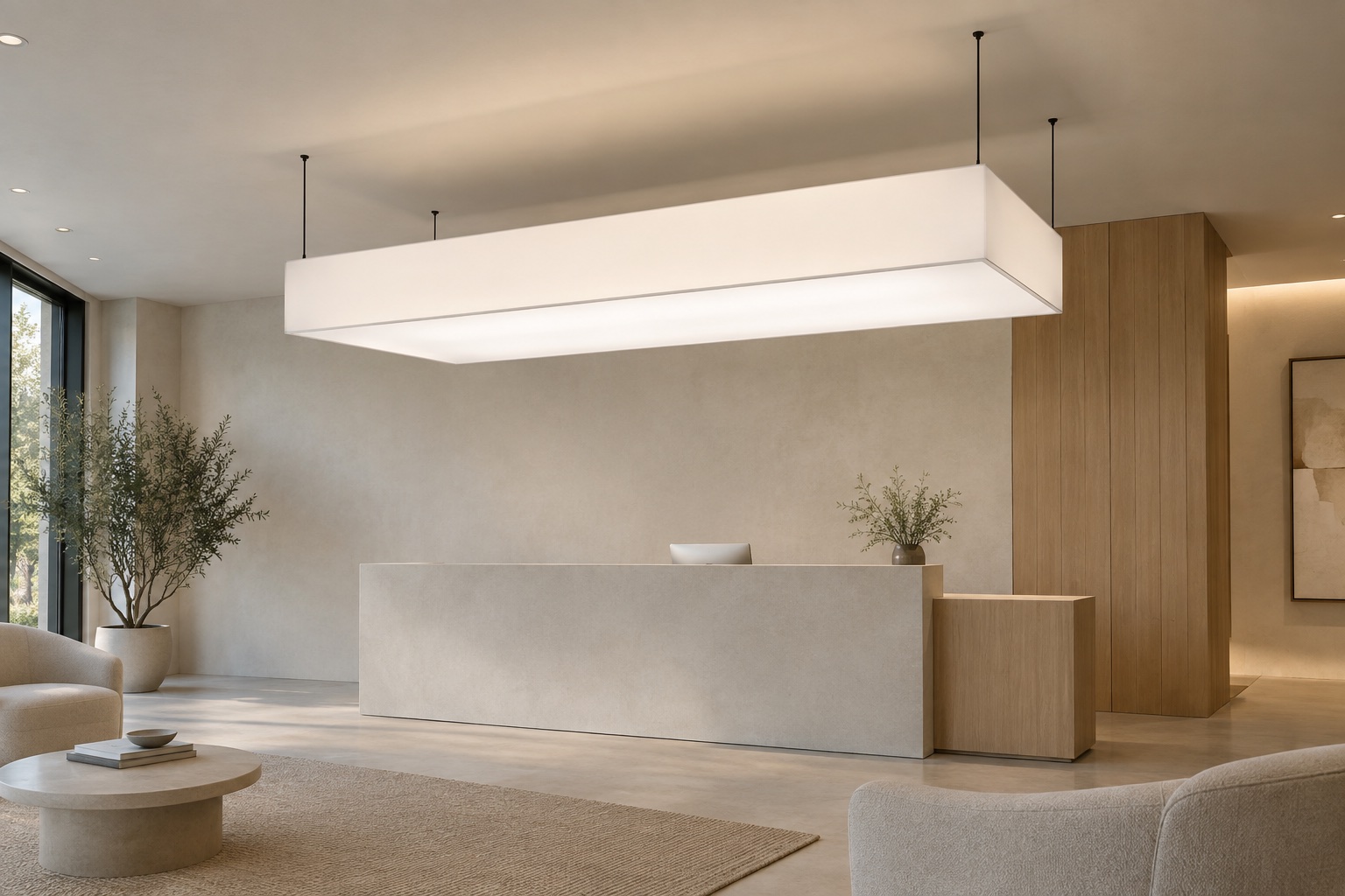 Visualização conceitual de recepção com ilha luminosa suspensa por cabos
