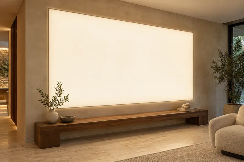 Visualização conceitual de painel tensionado luminoso integrado à parede