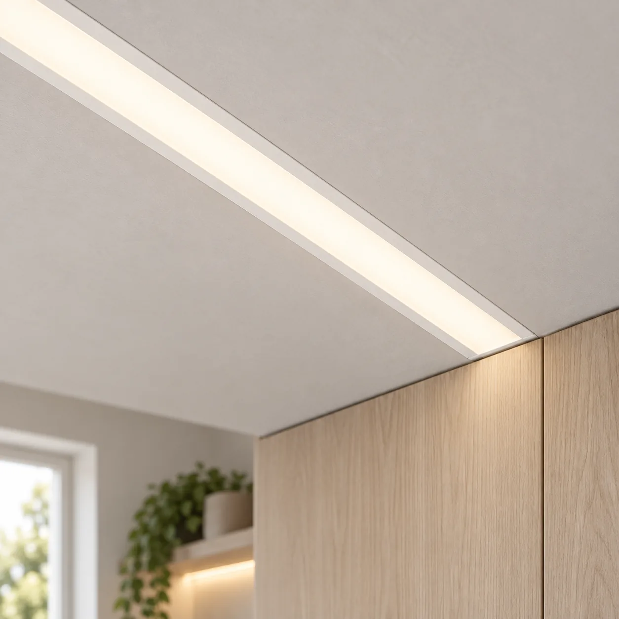 Render conceitual de linha de luz integrada ao teto e à marcenaria